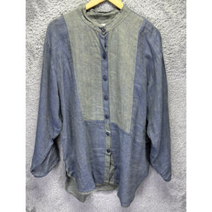 FLAX Vintage Engelhart Small Blue 100% Linen Art Bib Long Tunic Shirt Top Button